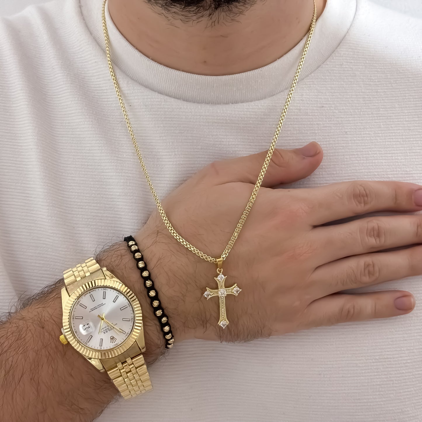 Cadena Tejido Chino de Hombre de 60cm de 3mm + Cruz Cristo Micro Circones  Cristales + Pulseras BalinItaliano de 4mm en  Oro Laminado 18k con Garantia de por vida + Reloj Rolex 1.1