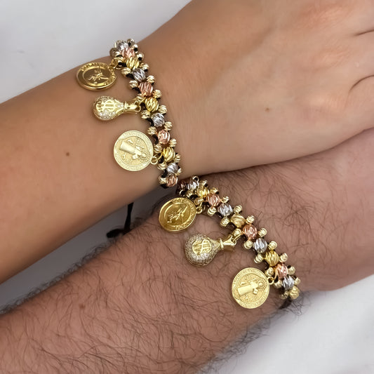 Promoción de 2 Pulseras Para Parejas  Doble Carril  de Abundancia y Protección en Balin Liso de 4mm y Italiano en Oro Laminado 18k con Garantía de por vida