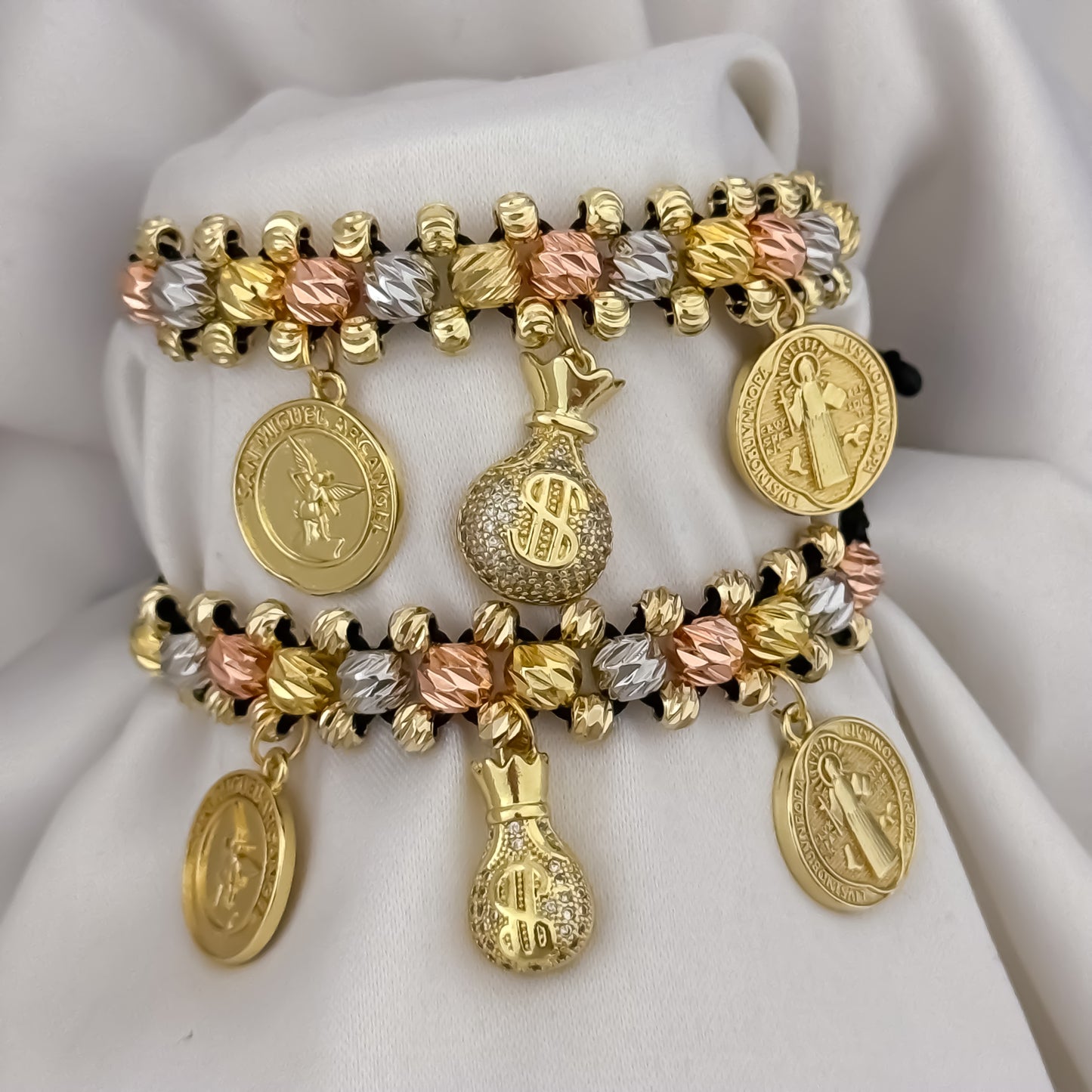 Promoción de 2 Pulseras Para Parejas  Doble Carril  de Abundancia y Protección en Balin Liso de 4mm y Italiano en Oro Laminado 18k con Garantía de por vida