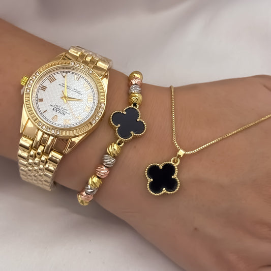 Cadena Tejido Veneciano de 45cm de 2mm + Van Cleef Negro + Pulseras de 3 Oros con  Herraje Van Cleef + Reloj Rolex de Dama en Oro Laminado 18k con Garantia de por vida