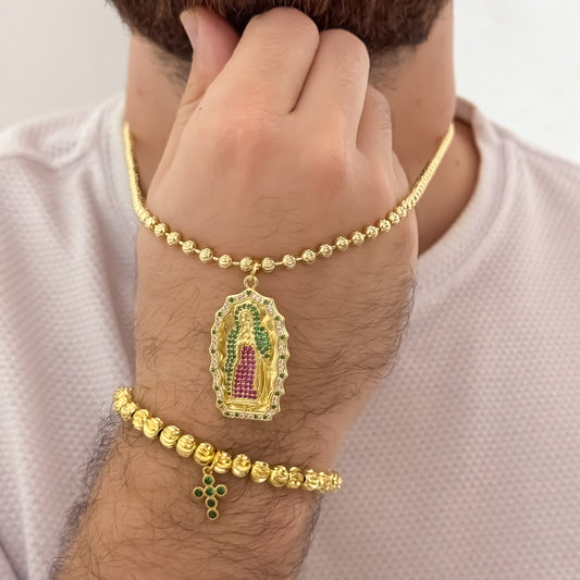 Cadena Tejido Militar Diamantada de 60cm de 4mm + Virgen de Guadalupe Tallada de Colores  + Pulsera Diamantada de 6mm con Dije de Cruz Verde Esmeralda en Oro Laminado 18k con Garantía de por vida
