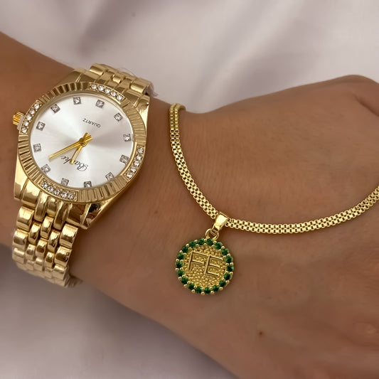 Cadena Tejido Veneciano de Dama de 45m de 3mm + Dije de Fe Verde Esmeralda  + Reloj Rolex en Oro Laminado 18k con Garantía de por vida