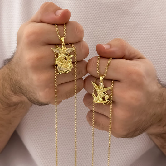 Promocion de  Cadenas para Parejas de Hombre 60cm y Dama 45cm con Dije de San Miguel Arcángel Protección  en Oro Laminado 18k con Garantia de por vida