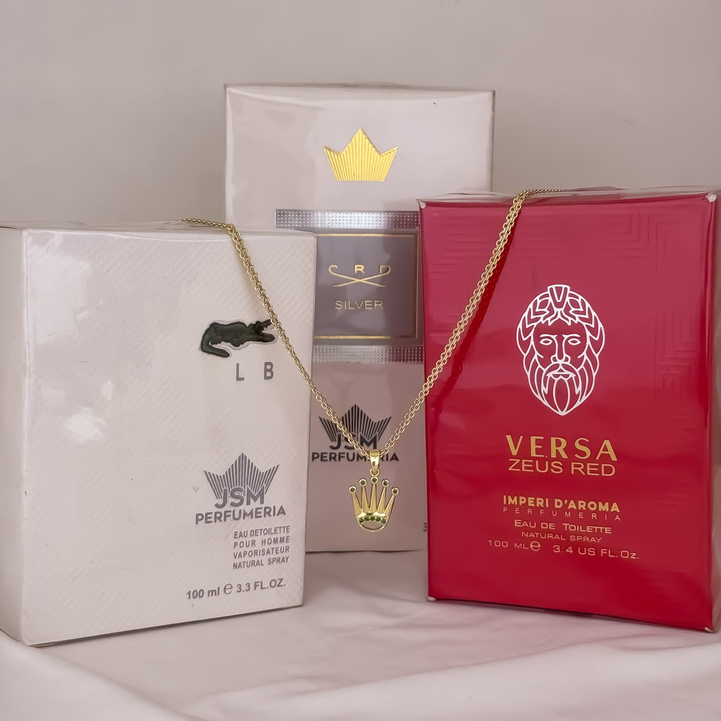 Cadena Tejido Chino de Hombre de 60cm de 3mm + Corona Rolex Micro Circones Verde en Oro Laminado 18k con Garantia de por vida  + 3 Lociones Lacoste + Versa + Silver