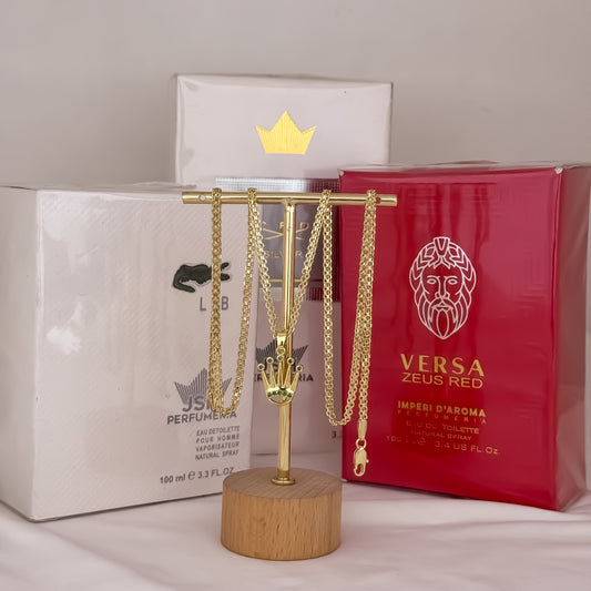 Cadena Tejido Chino de Hombre de 60cm de 3mm + Corona Rolex Micro Circones Verde en Oro Laminado 18k con Garantia de por vida  + 3 Lociones Lacoste + Versa + Silver