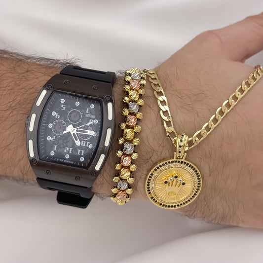 Cadena Cubana de Hombre de 60cm de 5mm + Corona Rolex + Pulseras 3  de Oros en Balin Italiano de 4mm en Oro Laminado 18k con Garantia de por vida