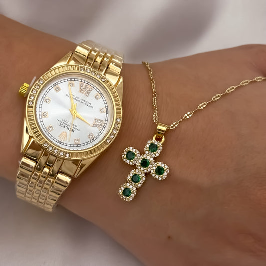 Cadena Tejido Crispeta de 45cm de 2mm + Cruz Verde Esmeralda + Reloj Dama Rolex en Oro Laminado 18k con Garantía de por vida