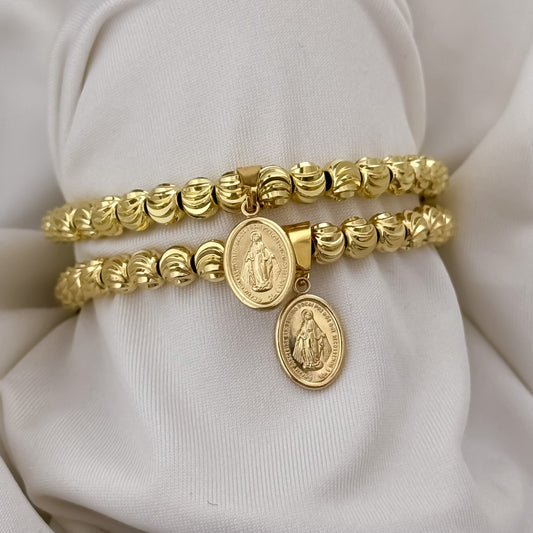 Promocion de 2 Pulseras para Parejas en Balin Italiano de 6mm con Virgen Milagrosa en Oro Laminado 18k con Garantia de por vida