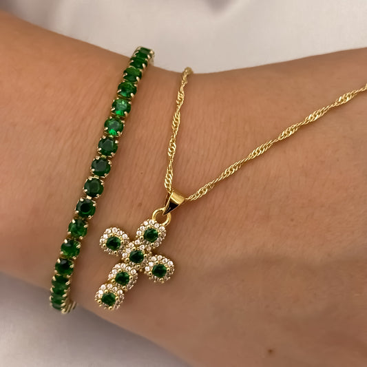 Cadena Singapur de Dama de 45cm + Cruz Verde Esmeralda + Pulsera Tennis Verde Esmeralda en Oro Laminado 18k con Garantia de por vida