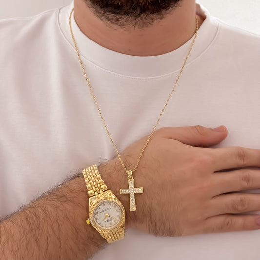 Cadena Tejido Lazo Delgado de 60cm de 2mm + Cruz Micro Circones Cristales + Reloj Rolex de Hombre en Oro Laminado 18k con Garantia de por vida