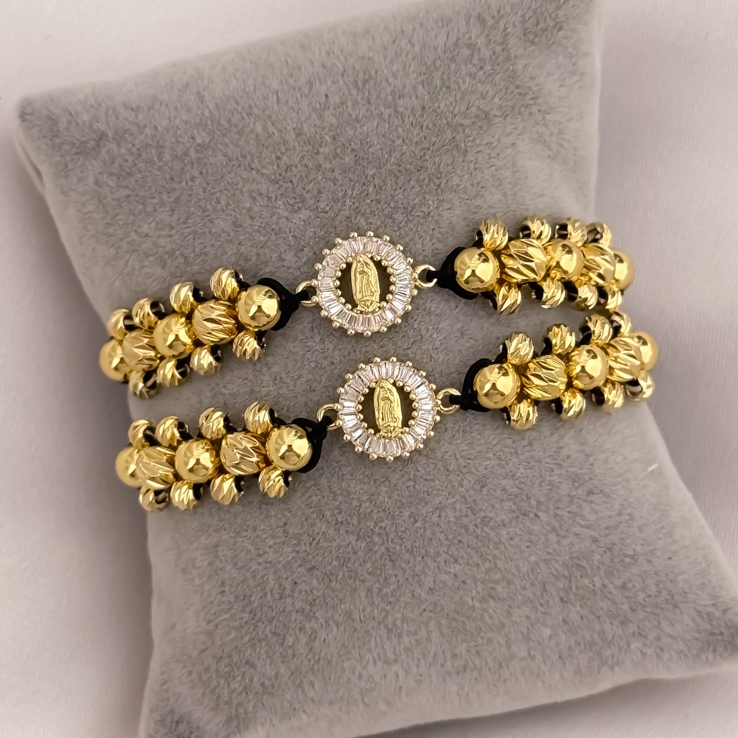 Promoción de 2 Pulseras para Parejas en Balin Italiano de 5mm en Oro  Amarillo con Amuleto protector de Virgen de Guadalupe en Oro Laminado 18k con Garantía de por vida