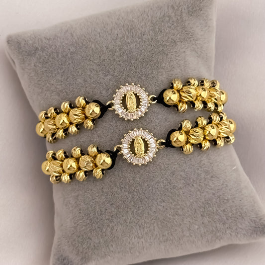 Promoción de 2 Pulseras para Parejas en Balin Italiano de 5mm en Oro  Amarillo con Amuleto protector de Virgen de Guadalupe en Oro Laminado 18k con Garantía de por vida