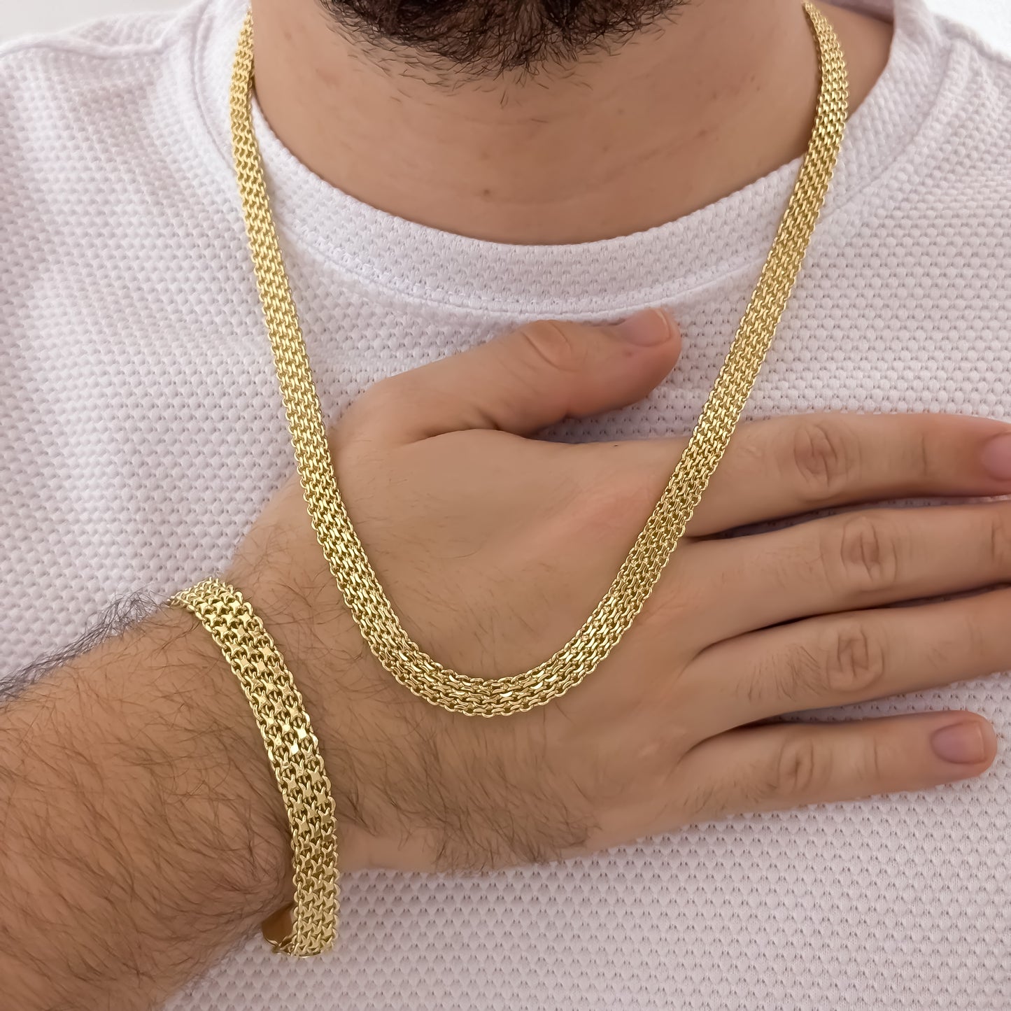 Cadena Tejido Chino Gruesa de 60cm de 6mm de Grosor + Pulsera Tejido Chino Grueso 20cm de 6mm de Grosor en Oro Laminado 18k