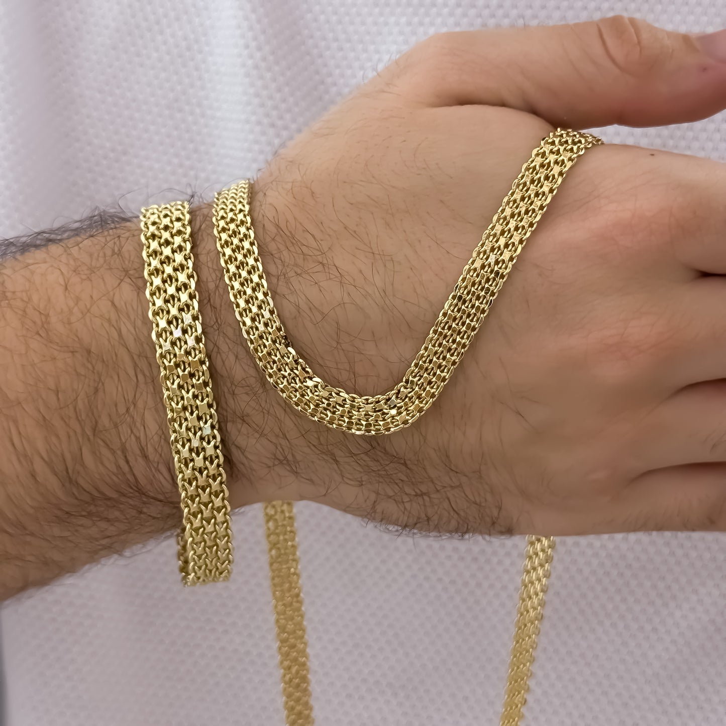 Cadena Tejido Chino Gruesa de 60cm de 6mm de Grosor + Pulsera Tejido Chino Grueso 20cm de 6mm de Grosor en Oro Laminado 18k