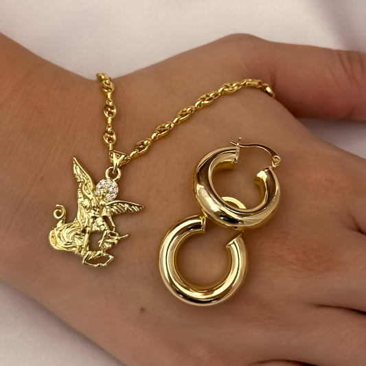 Cadena Tejido Gucci de Dama de 45cm de 3mm + San Miguel Arcangel + Candonga Tubular en Oro laminado 18k con Garantia de por vida