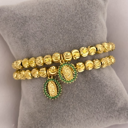 Promoción de 2 Pulseras Para Parejas de Virgen Guadalupe con Micro Circones  Verde Esmeralda en Balin italiano de 6mm en Oro Laminado 18k