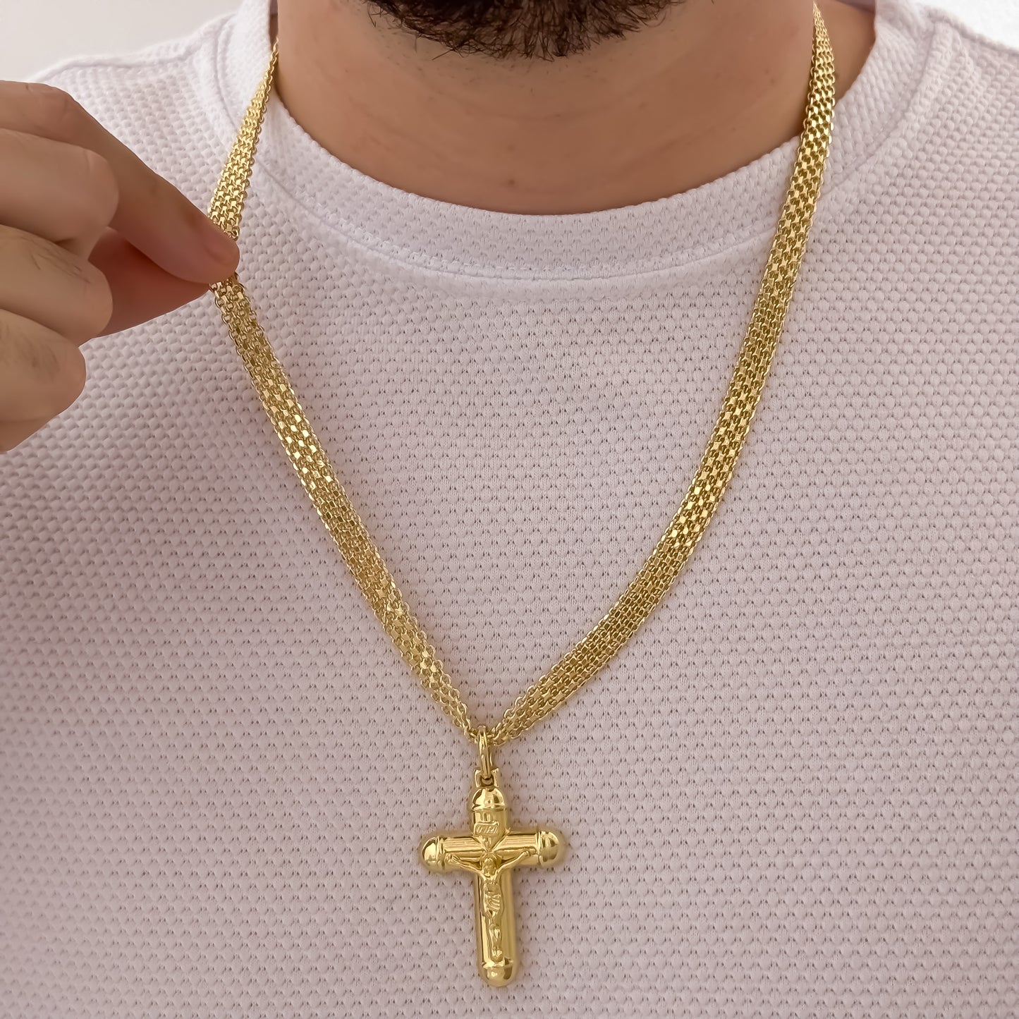 Cadena Tejido Chino gruesa de 60cm de 6mm + Cruz Cristo Madero en Oro Laminado 18k con Garantia de por vida