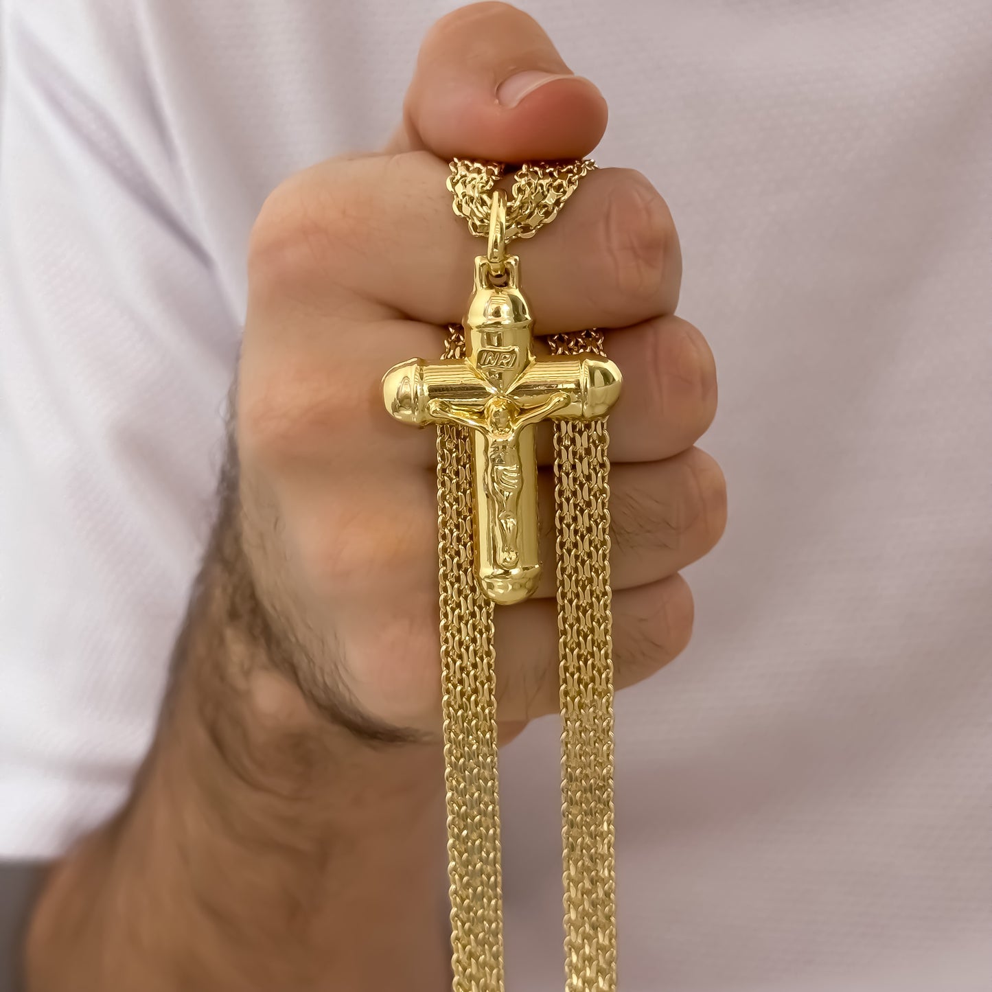 Cadena Tejido Chino gruesa de 60cm de 6mm + Cruz Cristo Madero en Oro Laminado 18k con Garantia de por vida
