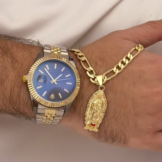 Cadena Tejido Catier de Hombre de 60cm de 5mm + Virgen de Guadalupe Tallada en Oro Laminado 18k con Garantia de por vida + Reloj Rolex de Hombre