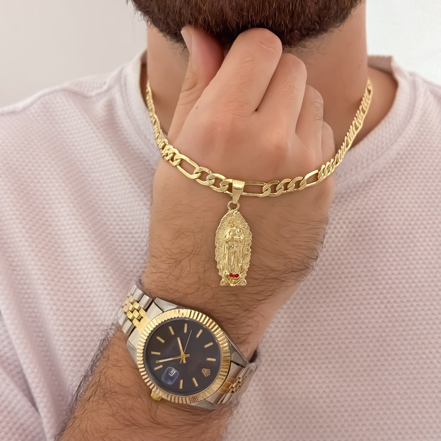 Cadena Tejido Catier de Hombre de 60cm de 5mm + Virgen de Guadalupe Tallada en Oro Laminado 18k con Garantia de por vida + Reloj Rolex de Hombre