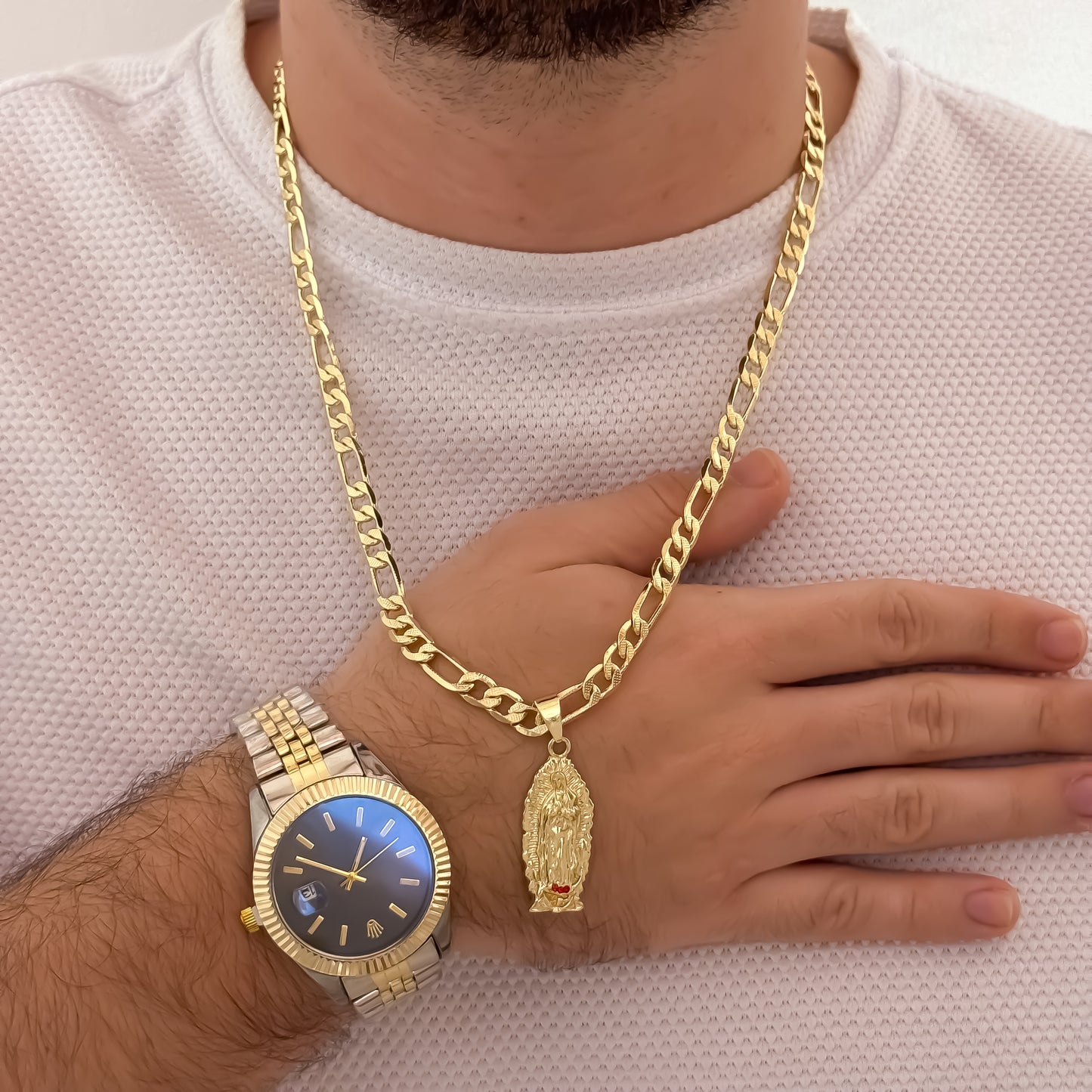 Cadena Tejido Catier de Hombre de 60cm de 5mm + Virgen de Guadalupe Tallada en Oro Laminado 18k con Garantia de por vida + Reloj Rolex de Hombre