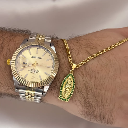 Cadena Tejido Cubana Cruzada de 60cm de 3mm + Virgen de Guadalupe Verde + Reloj Rolex Vicolor en Oro Laminado 18k con Garantia de por vida