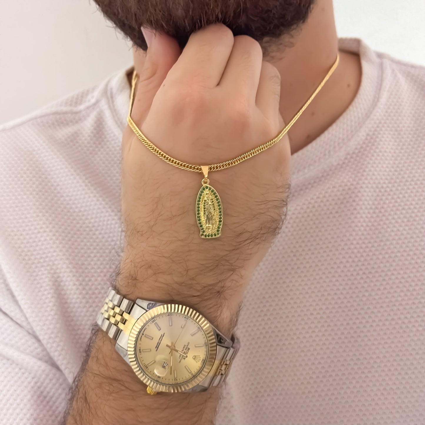 Cadena Tejido Cubana Cruzada de 60cm de 3mm + Virgen de Guadalupe Verde + Reloj Rolex Vicolor en Oro Laminado 18k con Garantia de por vida