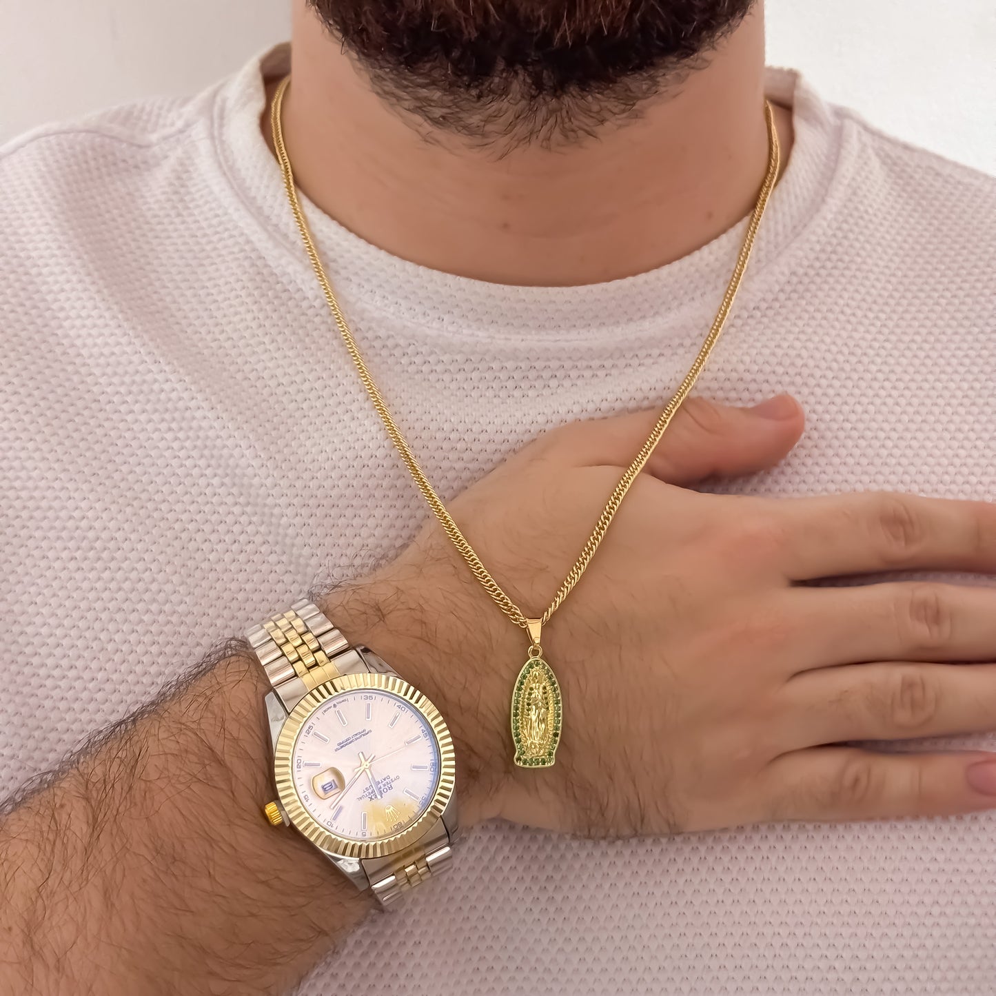 Cadena Tejido Cubana Cruzada de 60cm de 3mm + Virgen de Guadalupe Verde + Reloj Rolex Vicolor en Oro Laminado 18k con Garantia de por vida