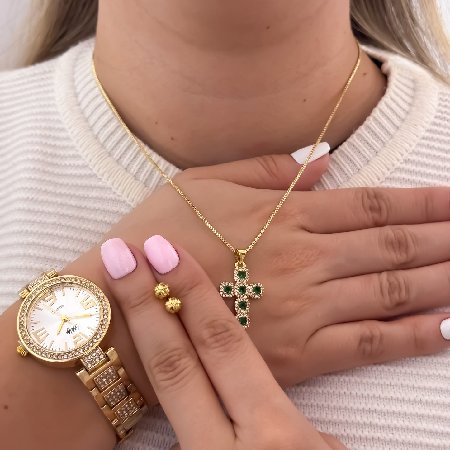 Cadena Tejido Veneciana + Cruz Verde Esmeralda + Topo Balin de 6mm Diamantado + Reloj de Dama Hilfert en Oro Laminado 18k con Garantia  de por vida