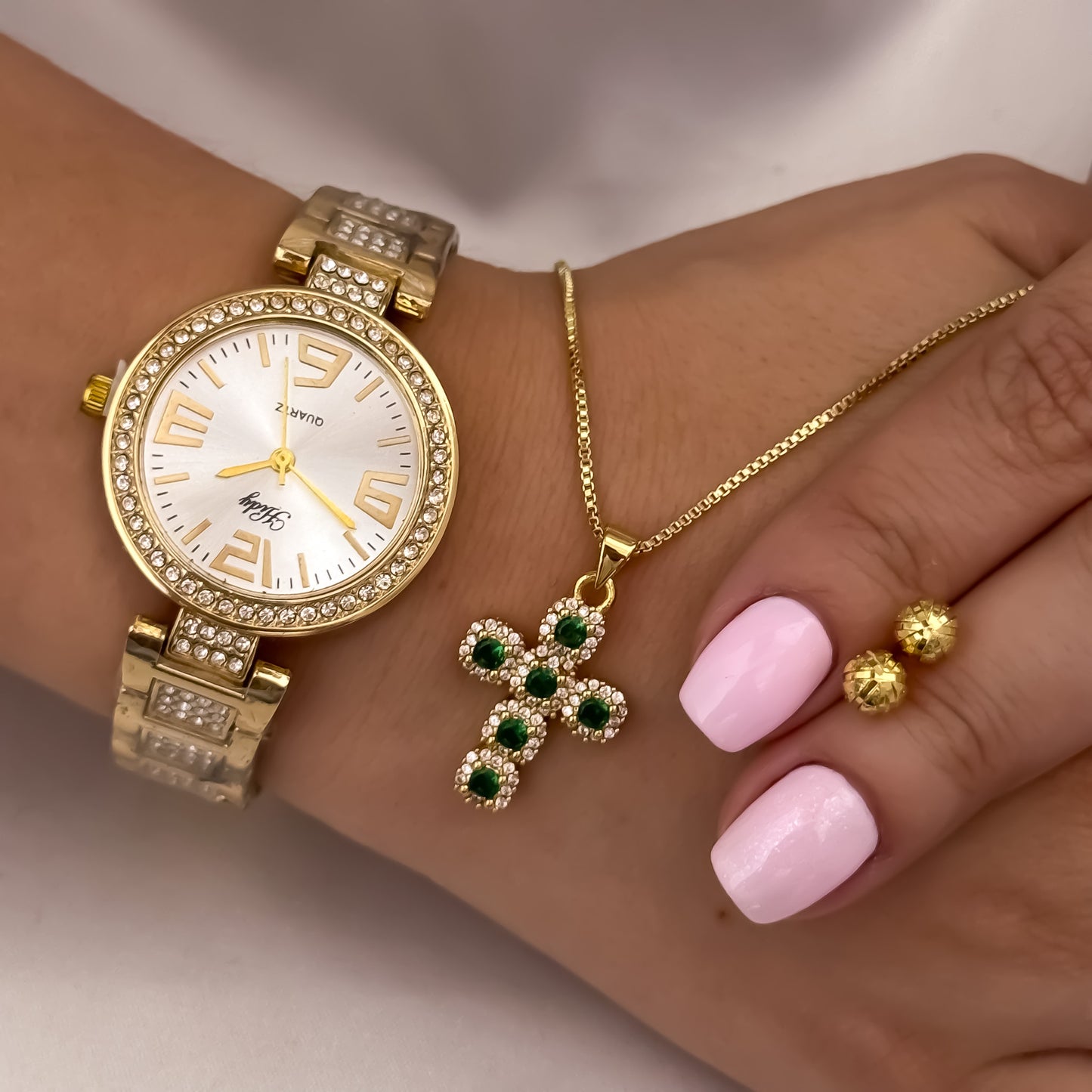 Cadena Tejido Veneciana + Cruz Verde Esmeralda + Topo Balin de 6mm Diamantado + Reloj de Dama Hilfert en Oro Laminado 18k con Garantia  de por vida