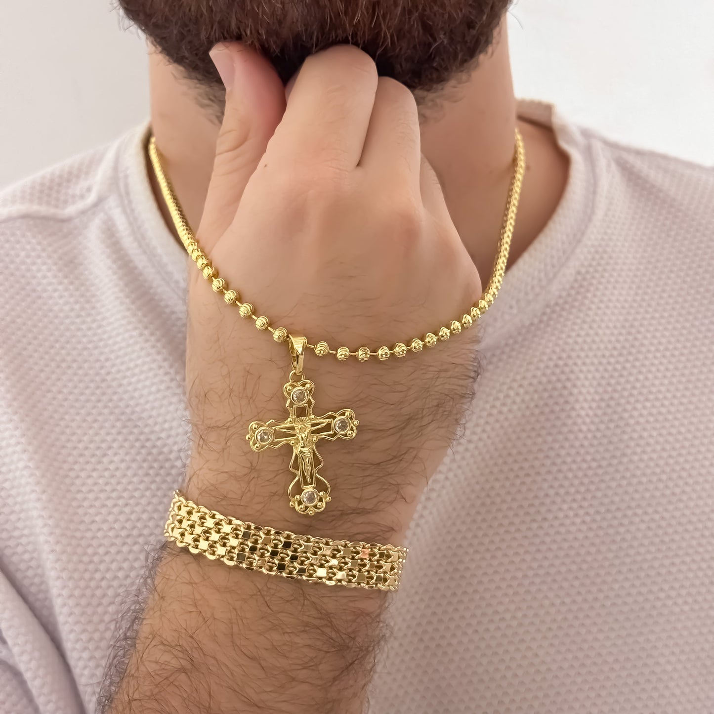 Cadena Tejido Militar Diamantada de 60cm de 4mm + Cruz Cristo Madero + Pulsera Tejido Chino Grueso 20cm de 8mm en Oro Laminado 18K Con Garantia de por vida