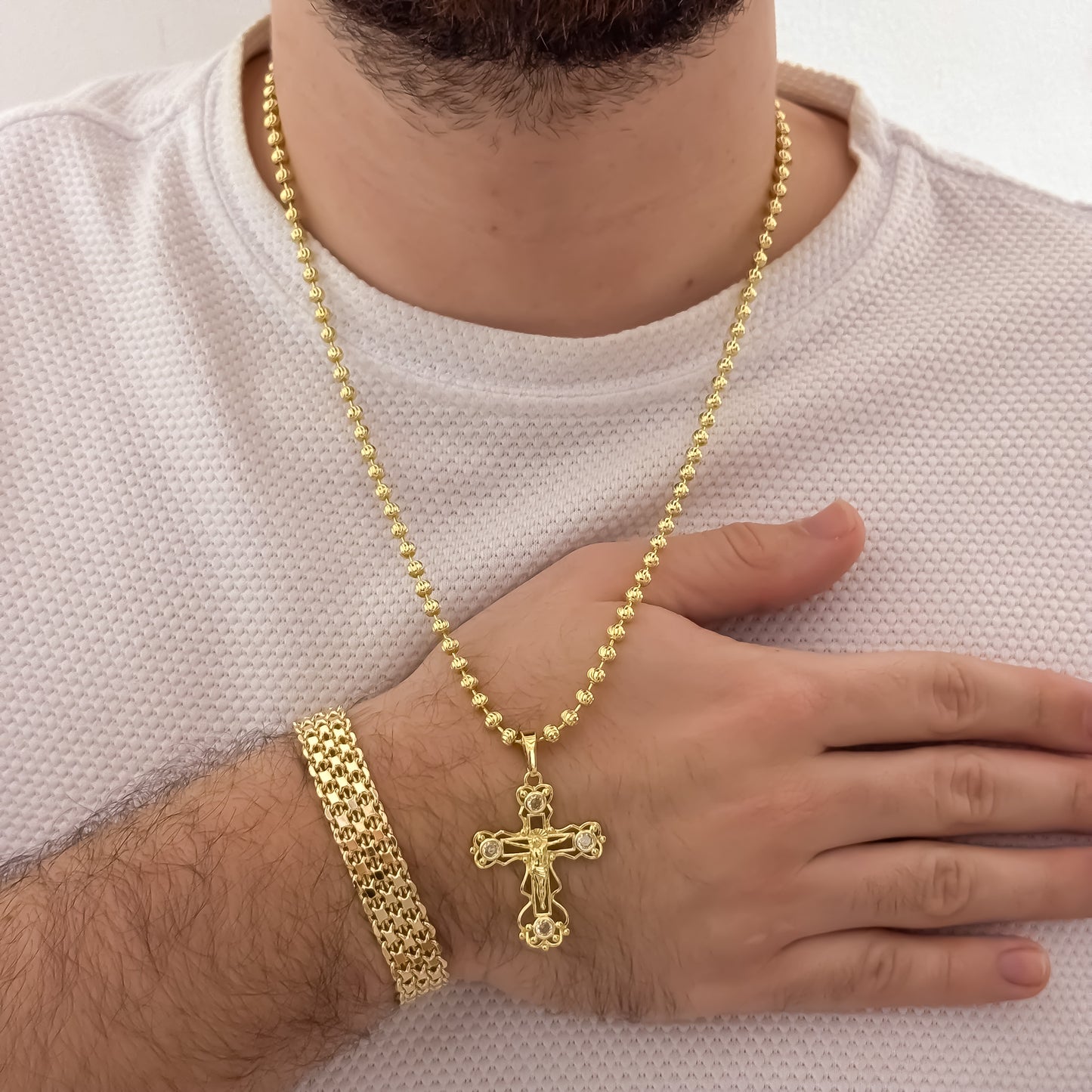 Cadena Tejido Militar Diamantada de 60cm de 4mm + Cruz Cristo Madero + Pulsera Tejido Chino Grueso 20cm de 8mm en Oro Laminado 18K Con Garantia de por vida