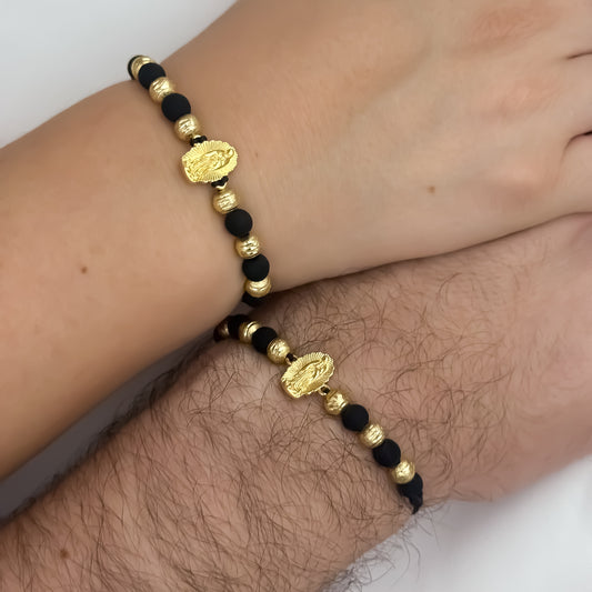 Brazales de 2 Pulseras de Virgen de Guadalupe Talla  con Balin Diamantado en Oro Laminado 18k con Garantía de por vida