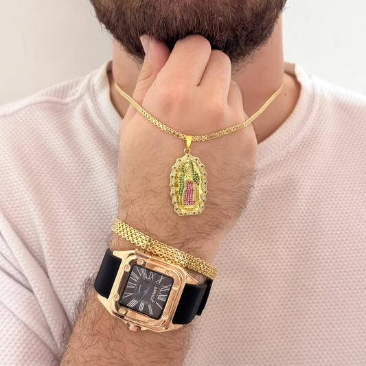Cadena Tejido Chino Hombre de 6cm de 3mm + Virgen de Guadalupe Tallada de colores + Pulseras Chino Doble 20cm de 5mm  + Reloj Cartier Rosado  en Oro Laminado 18k con Garantia de por vida