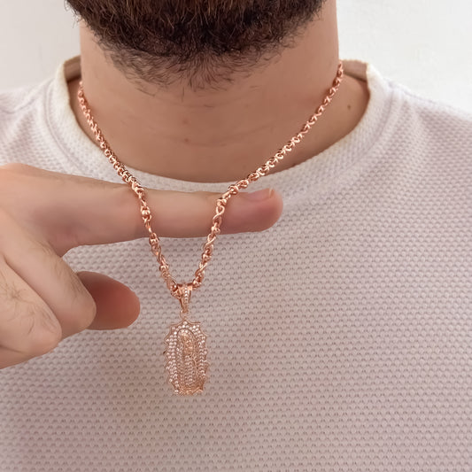 Cadena Tejido Rustico de 60cm de 4mm + Virgen de Guadalupe Tallada en Oro Rosa en Oro laminado 18k con Garantia de por vida