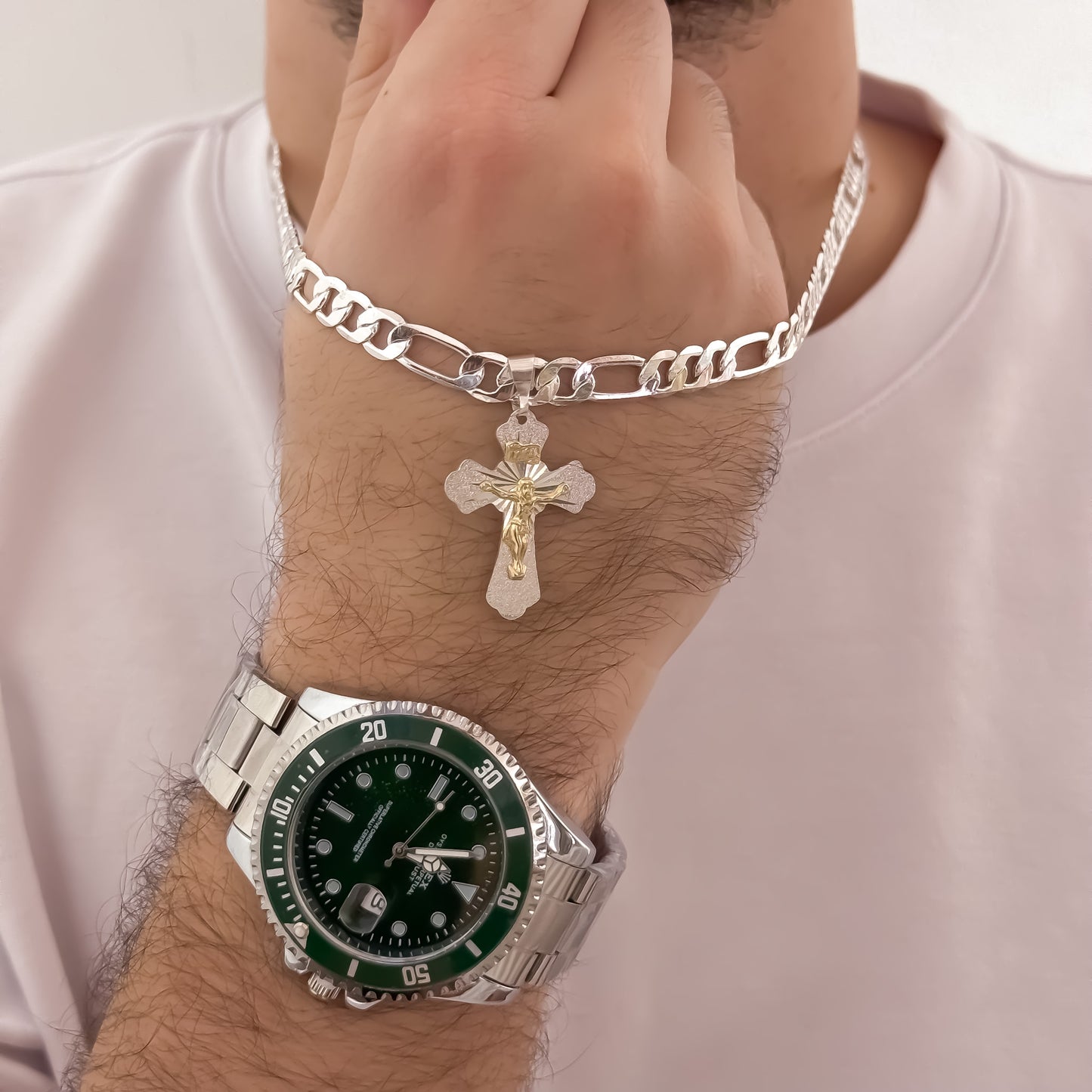 Cadena Tejido Catier de Hombre de 60cm de 5mm + Cruz Cristo Madero + Reloj Rolex en Plata 925 con Garantia de por vida