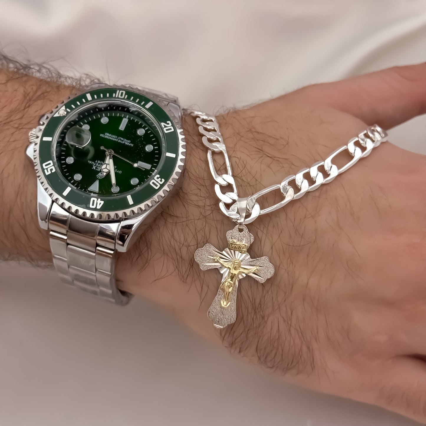 Cadena Tejido Catier de Hombre de 60cm de 5mm + Cruz Cristo Madero + Reloj Rolex en Plata 925 con Garantia de por vida