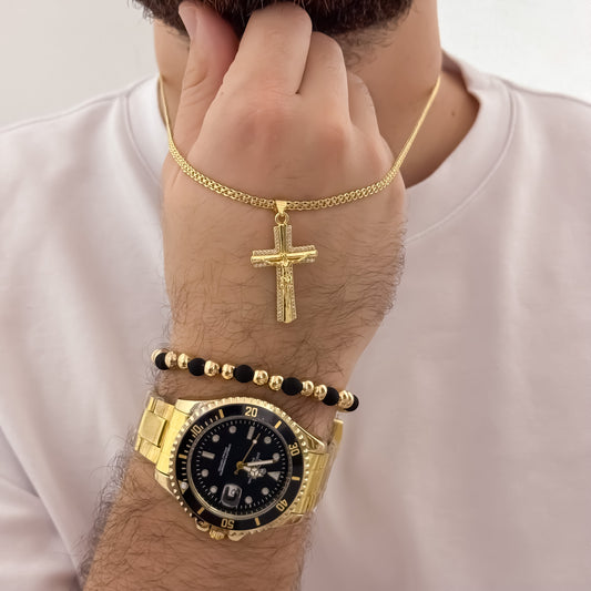 Cadena Tejido Chino de Hombre de 60cm de 3mm + Cruz Cristo Madero + Pulsera Balin de 6mm Liso + Reloj Rolex en Oro Laminado 18k con Garantia de por vida