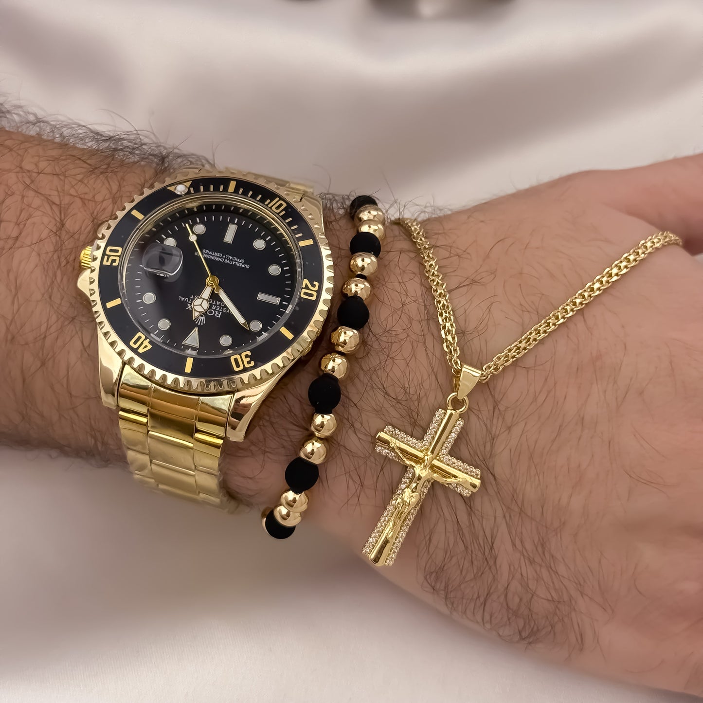 Cadena Tejido Chino de Hombre de 60cm de 3mm + Cruz Cristo Madero + Pulsera Balin de 6mm Liso + Reloj Rolex en Oro Laminado 18k con Garantia de por vida