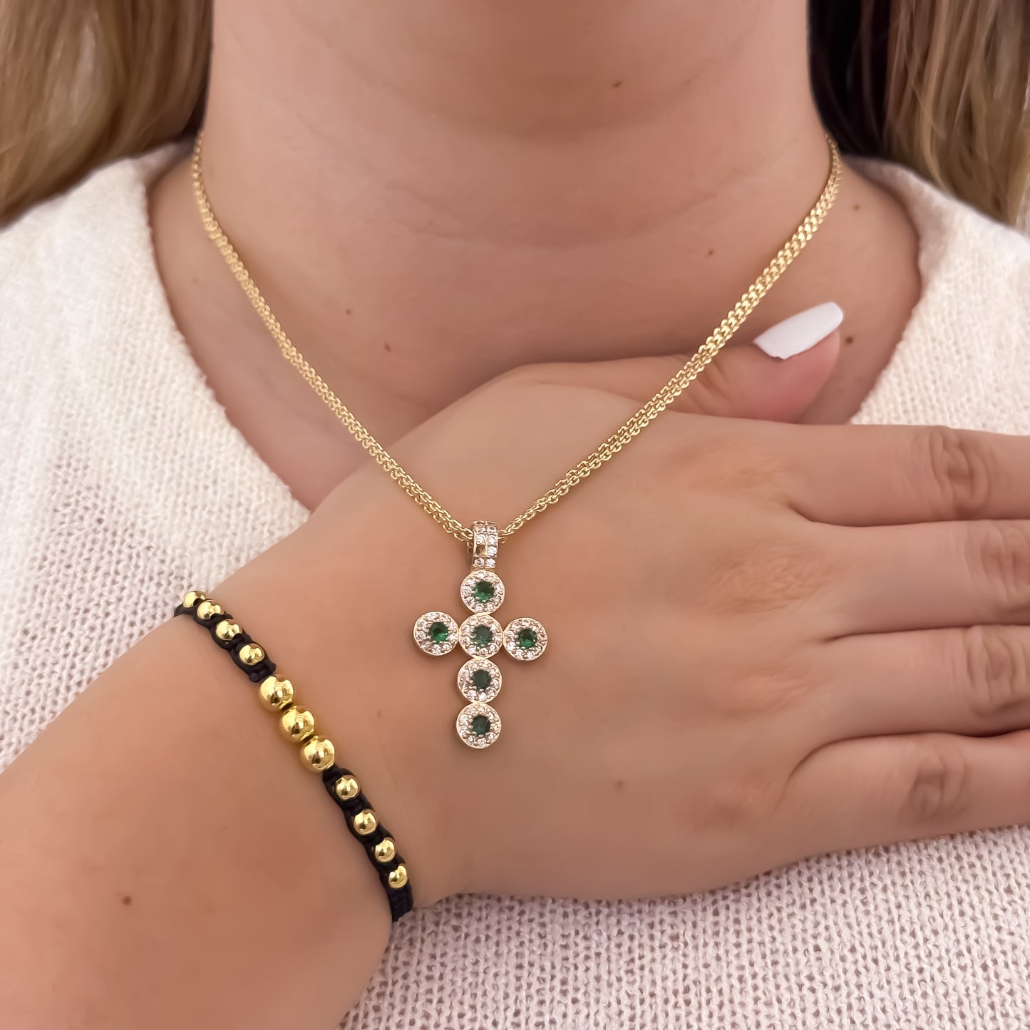 Cadena Tejido Chino de Dama de 45cm de 3mm + Cruz Verde Esmeralda + Pulsera Tejida Balin de 4mm en Oro Laminado 18k con Garantía de por vida