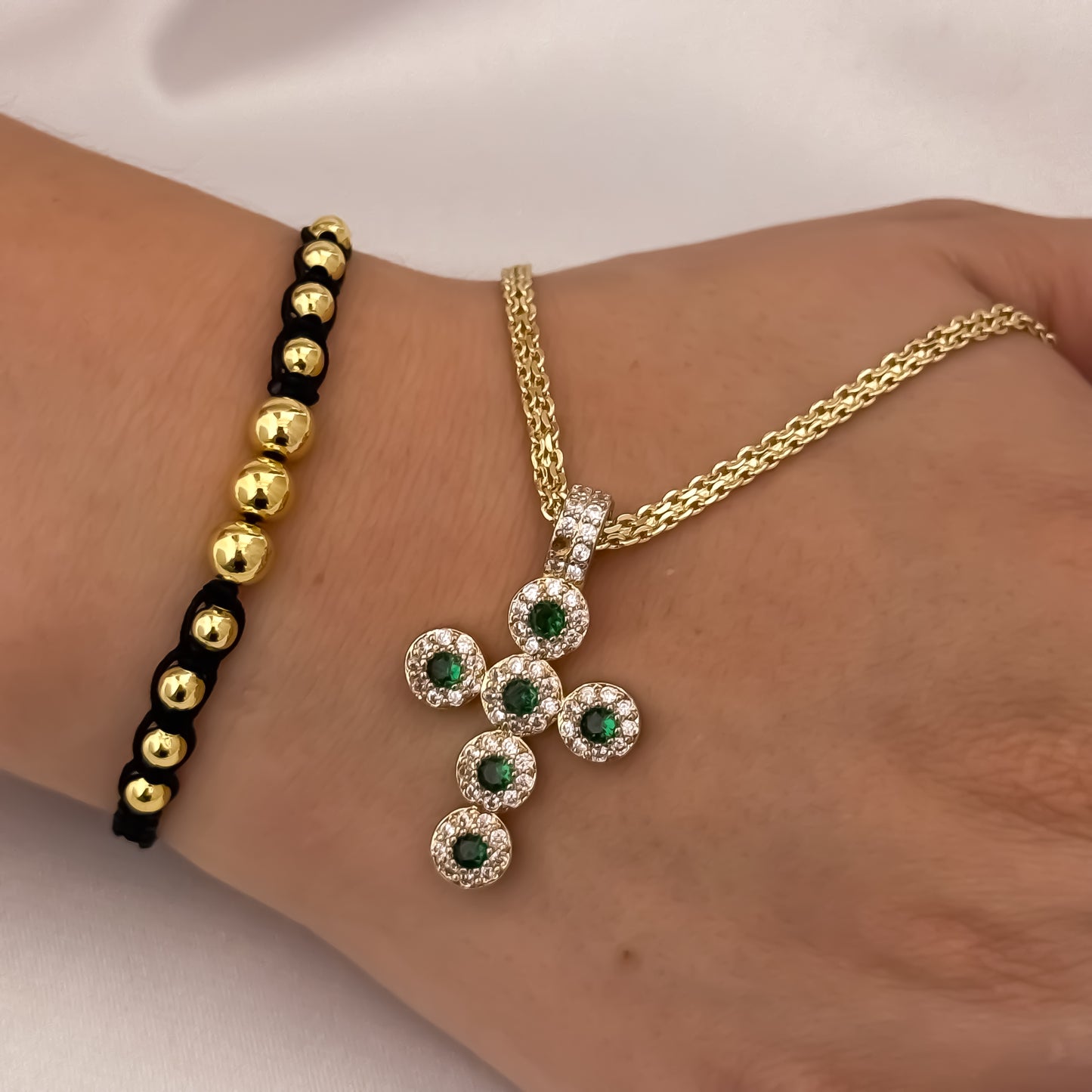 Cadena Tejido Chino de Dama de 45cm de 3mm + Cruz Verde Esmeralda + Pulsera Tejida Balin de 4mm en Oro Laminado 18k con Garantía de por vida