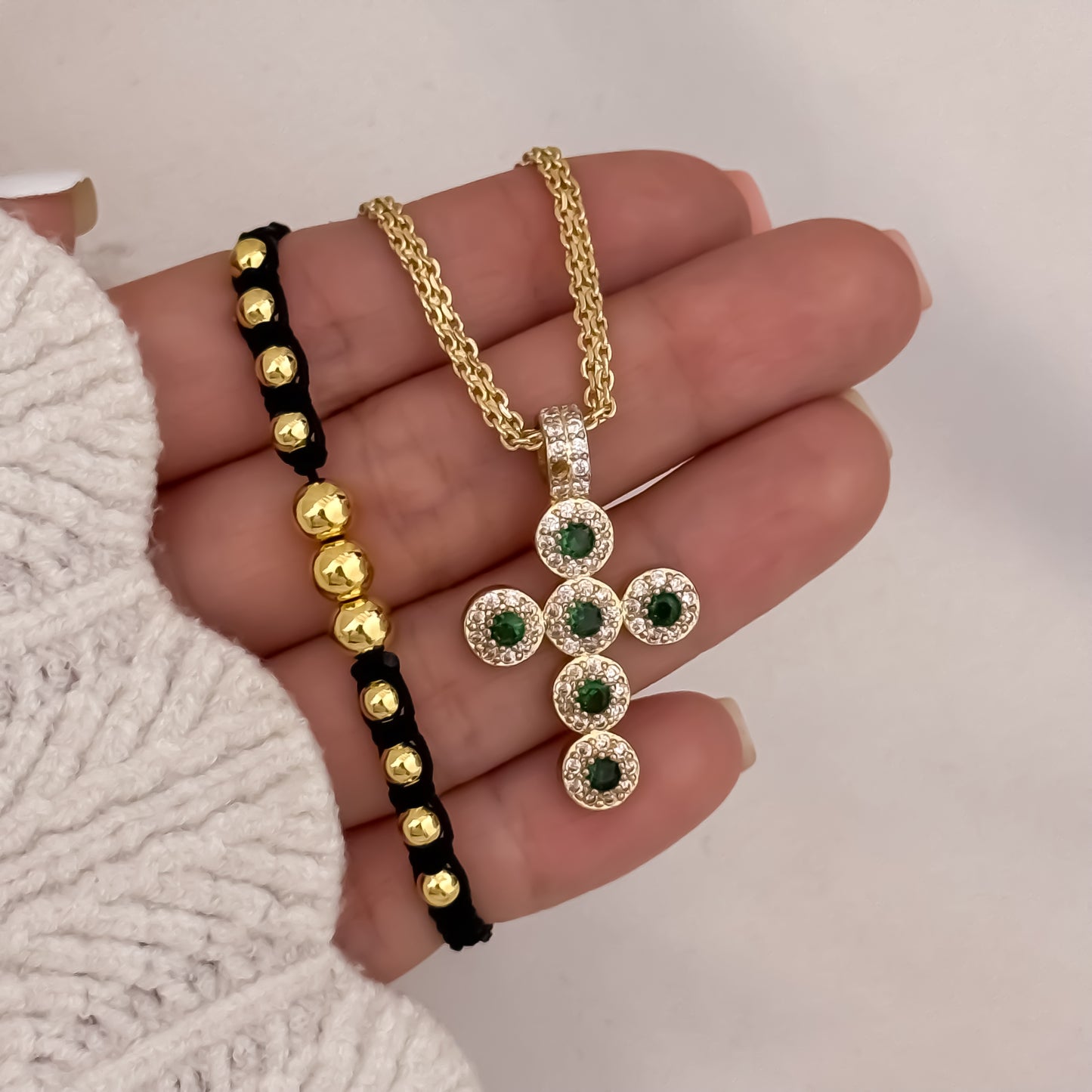 Cadena Tejido Chino de Dama de 45cm de 3mm + Cruz Verde Esmeralda + Pulsera Tejida Balin de 4mm en Oro Laminado 18k con Garantía de por vida