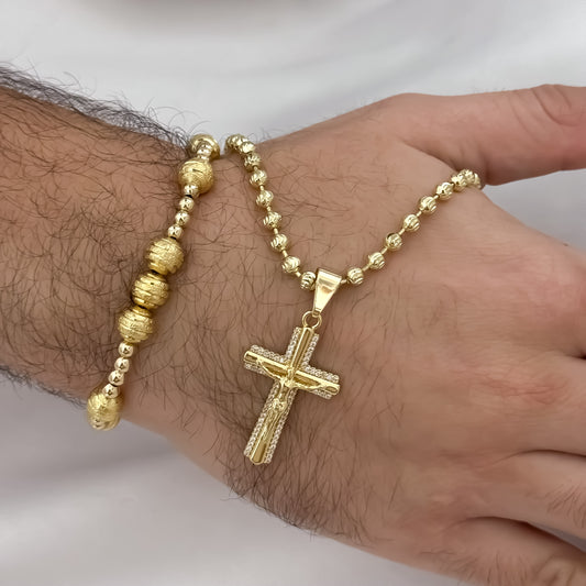 Cadena Tejido Militar Diamantada de 60cm de 4mm + Cruz Cristo Madero + Pulsera Balin Liso de 4mm y Diamantado en  Oro Laminado 18k con Garantia de por vida