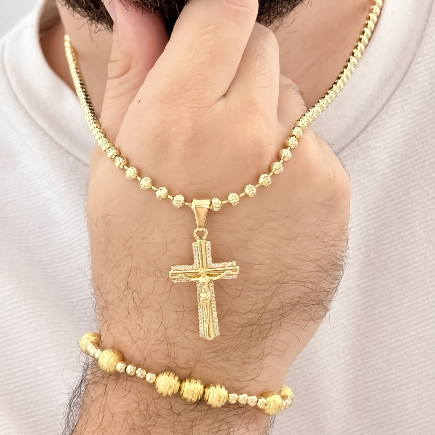 Cadena Tejido Militar Diamantada de 60cm de 4mm + Cruz Cristo Madero + Pulsera Balin Liso de 4mm y Diamantado en  Oro Laminado 18k con Garantia de por vida