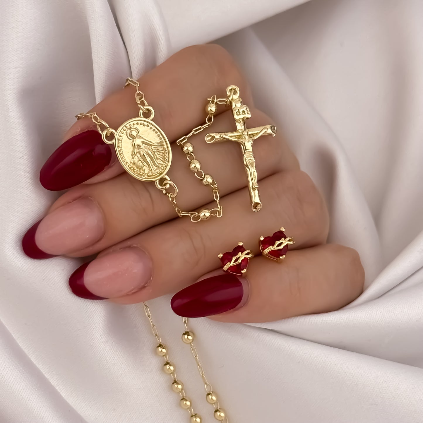 Camándula de virgen de Guadalupe Para Dama de 45cm de 4mm + Topo de Corazon de Jesus en Oro Laminado 18k con Garantia de por vida