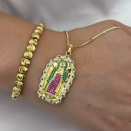 Cadena Tejido Cubana de 45cm de 2mm + Virgen de Guadalupe  Tallada de Colores + Pulseras Balin Italiano de 6mm en Oro Laminado 18k con Garantia de por vida