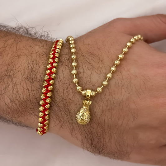 Cadena Tejido Militar de Hombre de 60cm de 4mm + Bolsa de Dinero con Micro Circones + Pulsera Doble Carril en Balin italiano de 5mm en Oro laminado 18k con Garantia de por vida