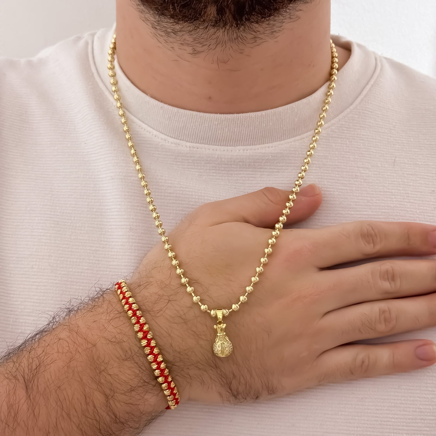 Cadena Tejido Militar de Hombre de 60cm de 4mm + Bolsa de Dinero con Micro Circones + Pulsera Doble Carril en Balin italiano de 5mm en Oro laminado 18k con Garantia de por vida