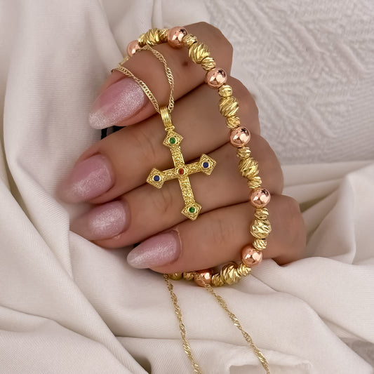 Cadena Tejido Singapur de Dm de 45cm  + Cruz con micro circones de colores + Pulsera balin italiano de 4mm  en Oro Rosa en oro Laminado 18k con Garantia de por vida