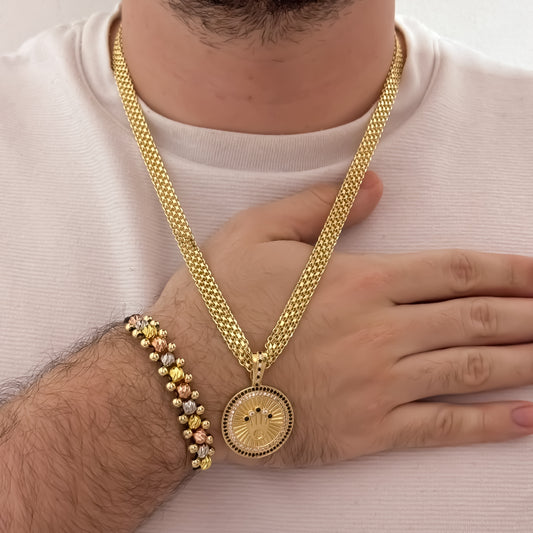 Cadena Tejido Chino Grueso de 60cm de 5mm + Corona Rolex con Micro Circones Cristales + Pulsera de 3 Carriles en Balin Italiano en Oro Laminado 18k con Garantia de por vida